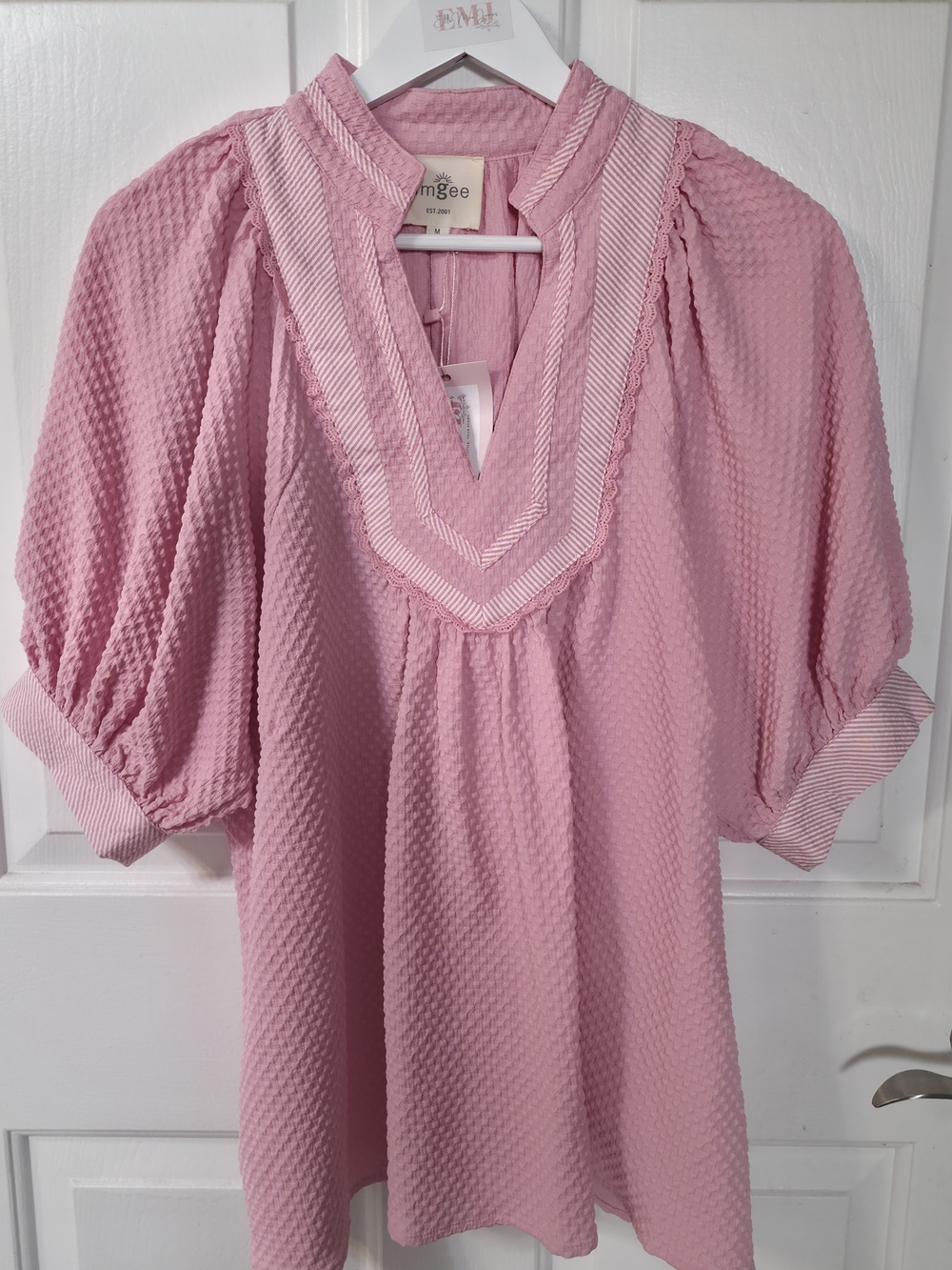 Umgee Pink Textured V-Neck Blouse